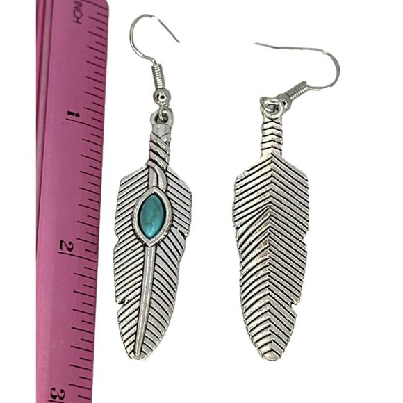 Feather Design Dangle Earrings With Turquoise Stone Inlay Silver Tone Hook - Picture 4 of 4